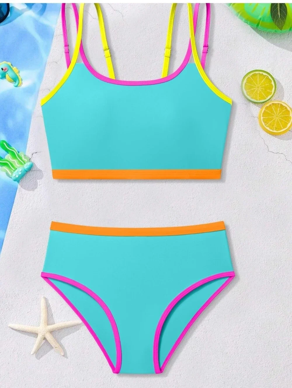 NECIOUS Girls Size 14-16  Bikini Bathing Suits. Color Block Double Strap